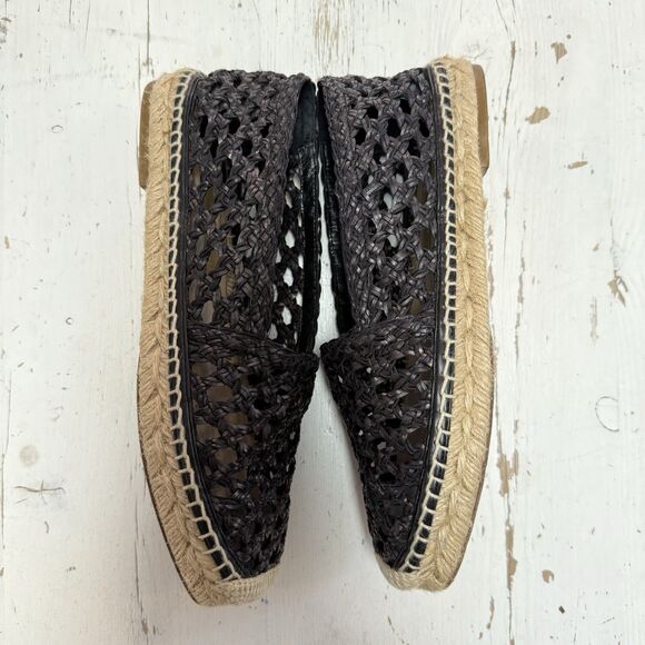 Paloma Barcelo Espadrille Flats Square Toe Black Outer Leather Knit 7 EU 37 - Picture 6 of 10
